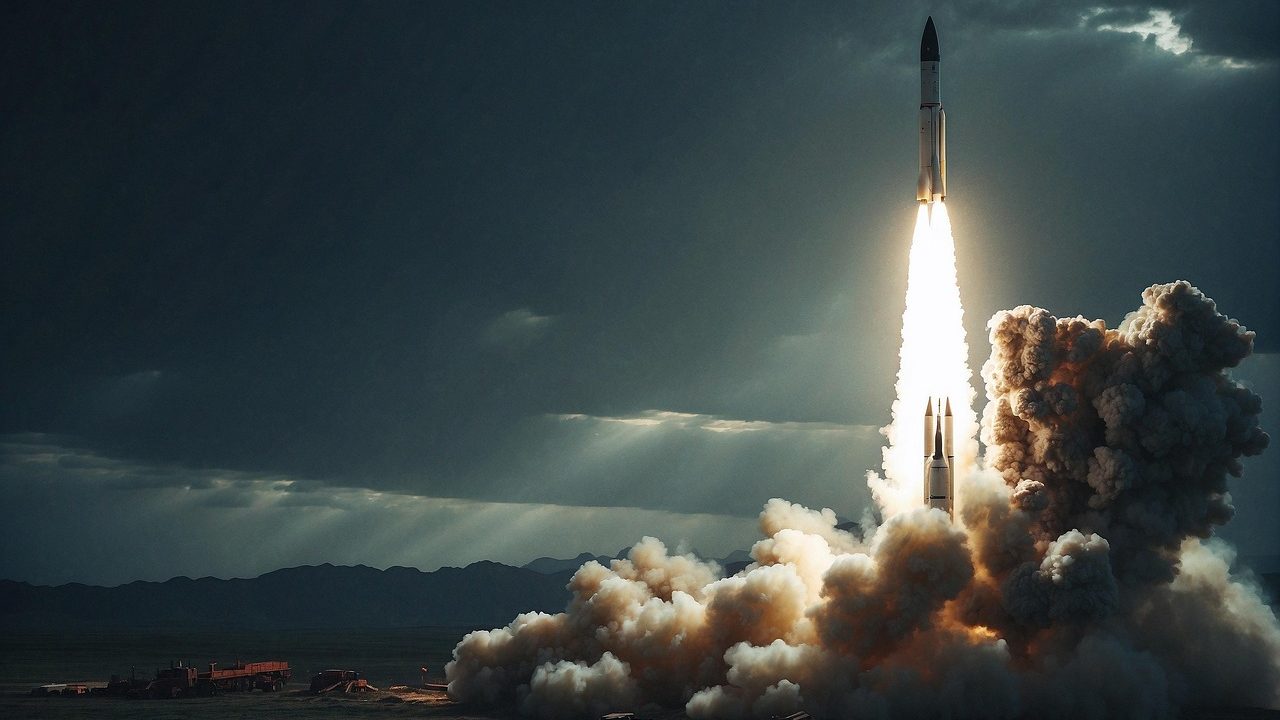 A large rocket launches vertically into the sky, leaving behind a trail of fire and thick smoke on a barren landscape with mountains in the background. The dramatic lighting and clouds suggest a powerful, high-stakes mission, aligning with the theme "Building and Delivering a Nuclear Weapon: An Overview."
