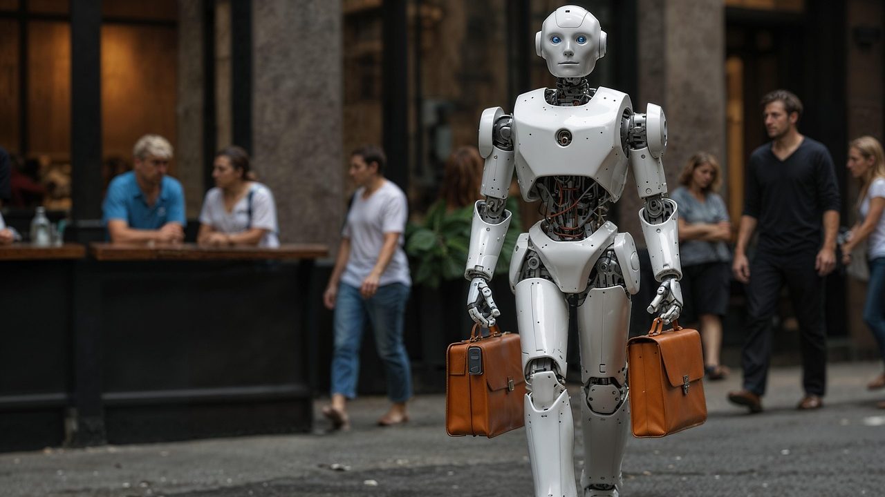 A humanoid robot walks confidently through a city street carrying briefcases, representing the growing concern that AI may eliminate half of white-collar jobs within five years.
