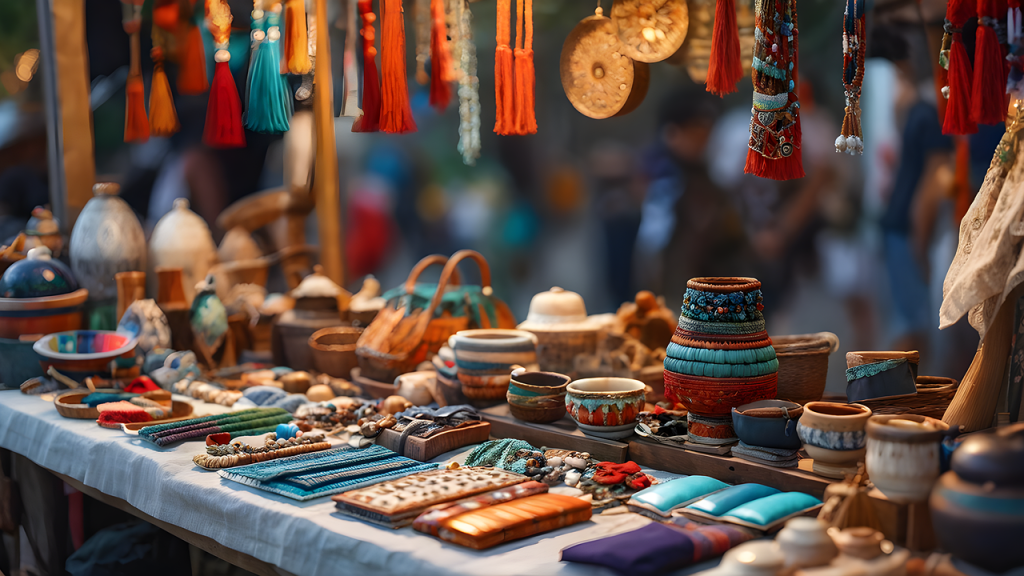 A colorful market stall displays handcrafted items including pottery, woven textiles, beaded jewelry, and hanging tassels, with a blurred crowd in the background.
