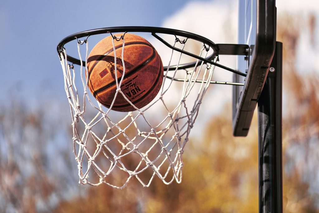  A basketball is captured in mid-air as it passes through a netted hoop, appearing to score. The orange basketball features visible "NBA" branding, and the image is taken outdoors with a clear blue sky and soft focus trees in the background. The hoop is mounted on a black backboard support.