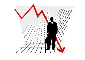 Illustration of a stock market crash with a downward red arrow, skyscrapers, and a silhouette of a businessman, representing PSX falling 2,000 points after Israeli attack on Iran.