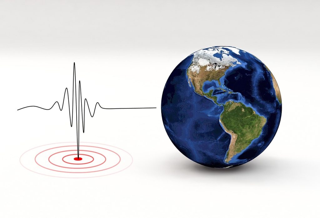 A 5.3-magnitude earthquake is depicted striking Balochistan, with a seismograph line emerging from a red epicenter and connecting to a digital image of Earth, symbolizing seismic activity without reported casualties.
