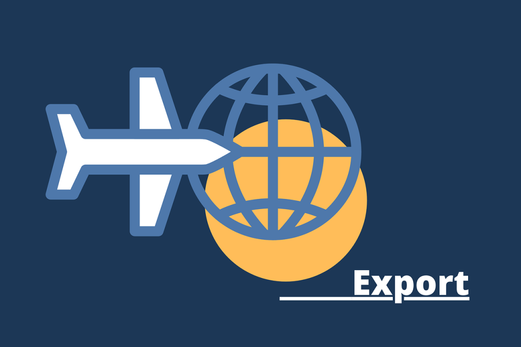 Illustration of an airplane flying through a globe, symbolizing global trade and export, with the word "Export" written in bold text on a dark blue background.
