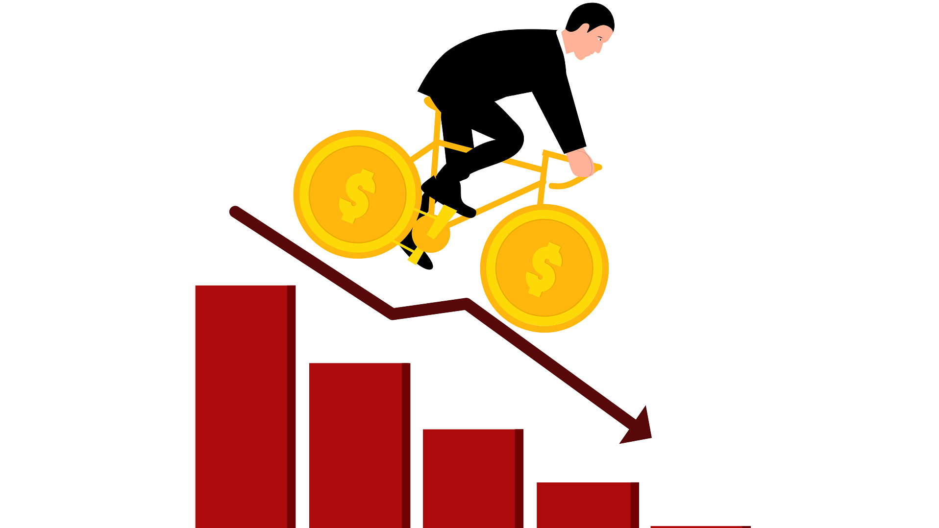 Illustration representing fiscal risks in Pakistan's 2025-26 budget—shows a businessman riding a bicycle with coin wheels down a declining red bar graph, symbolizing economic downturn or budgetary challenges.