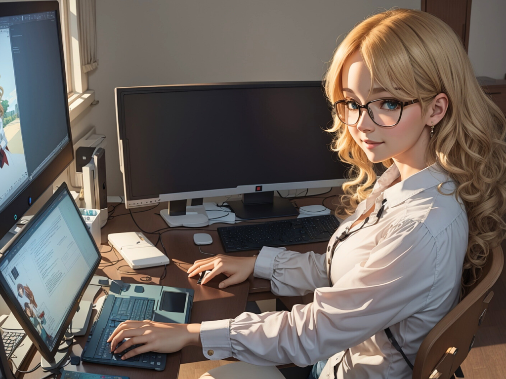 Anime-style woman with long blonde hair and glasses working at a computer desk with multiple monitors and digital art on screen.