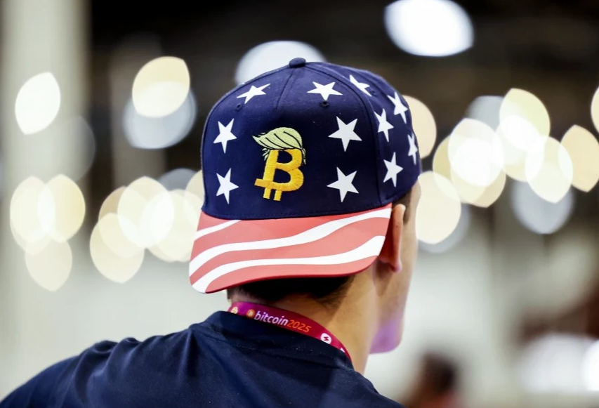 ChatGPT said:
A person wears a patriotic-themed cap with stars, stripes, and a Bitcoin symbol featuring a yellow hairstyle, along with a "bitcoin 2025" lanyard.