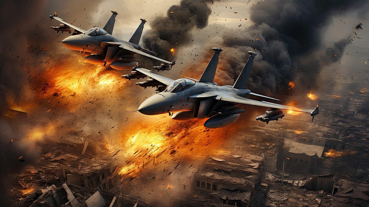 2 fighter jets firing missiles