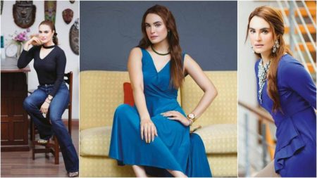 Veteran model and actress Nadia Hussain poses in various outfits in a photo collage; the image accompanies news about her pre-arrest bail being confirmed in an embezzlement case