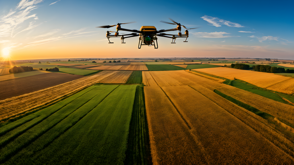 The image shows a drone flying over a large, patchwork landscape of cultivated fields during sunset or sunrise.