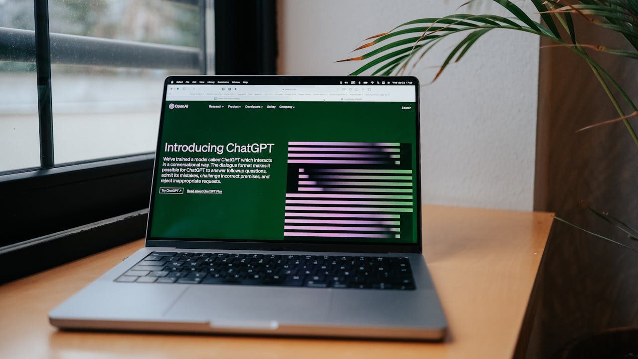 Laptop displaying the OpenAI ChatGPT introduction page, representing the launch and public introduction of ChatGPT by OpenAI.