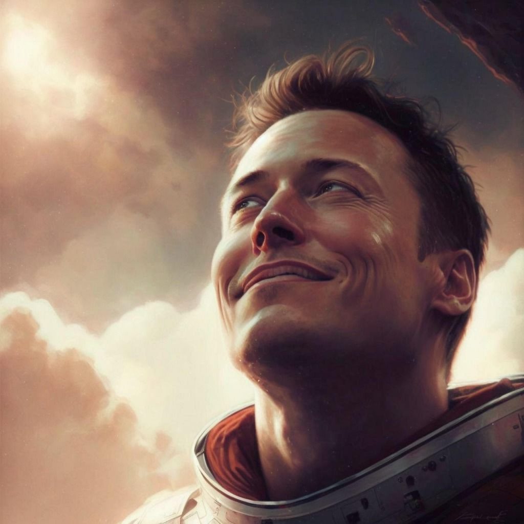A stylized, artistic portrait of a smiling man in a space suit, gazing upward with a dreamy sky in the background.