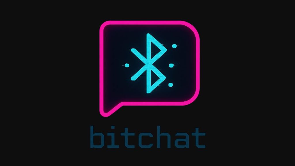 A neon-themed logo of the BitChat app featuring a glowing Bluetooth symbol inside a pink speech bubble, with the word "bitchat" written below, representing offline messaging without internet.