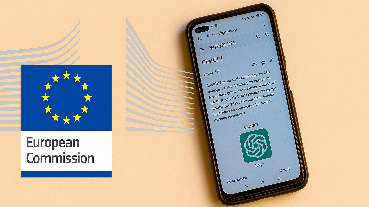 European Commission logo beside a smartphone displaying the ChatGPT Wikipedia page, representing EU’s move to regulate powerful AI models.