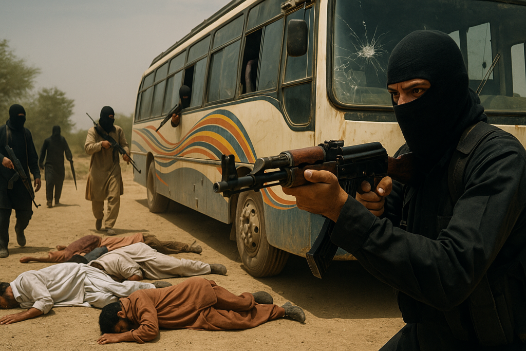 Masked armed men surround a damaged bus in a rural area of Balochistan after abducting and killing nine passengers.