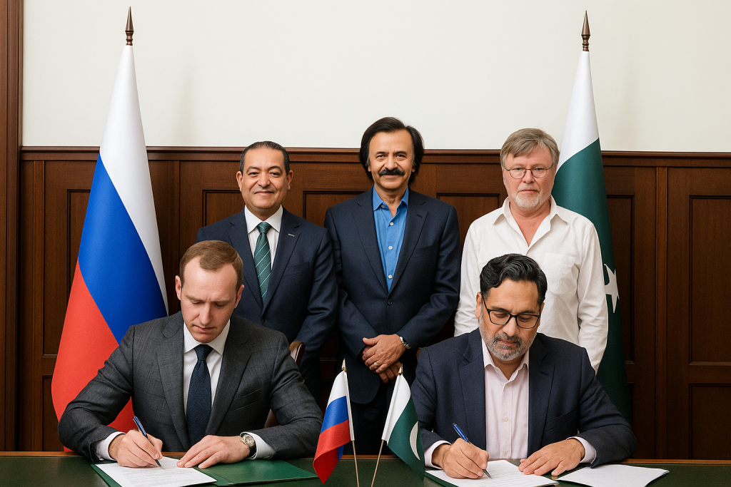 Officials from Pakistan and Russia sign an agreement at a formal ceremony to revive Pakistan Steel Mills, with national flags displayed in the background.