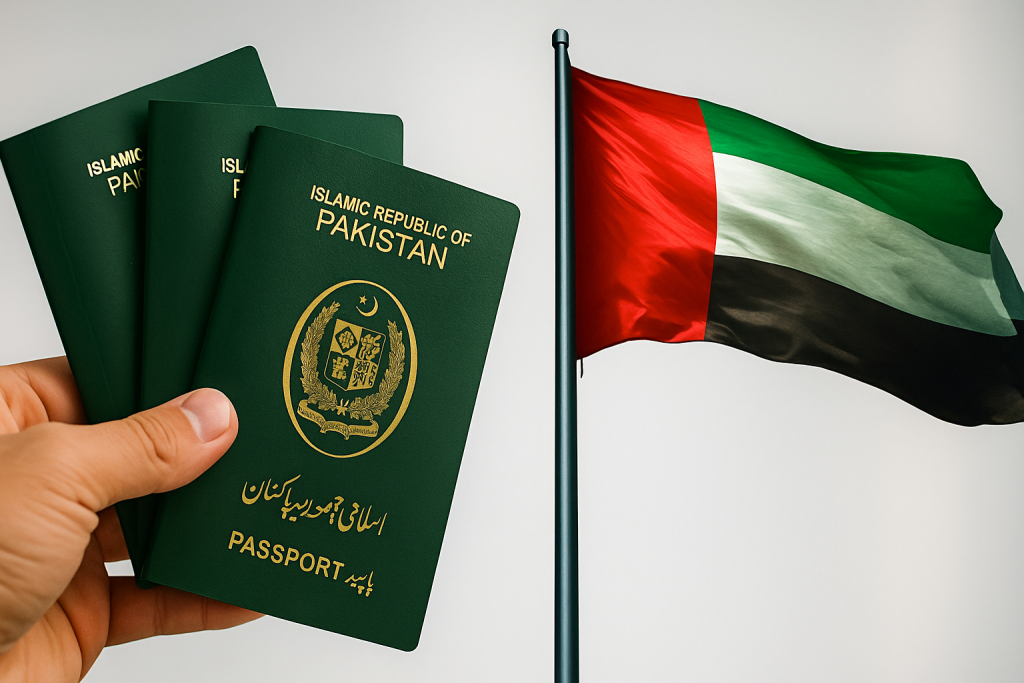 A hand holding three Pakistani passports with the UAE flag waving in the background, symbolizing improved visa access for Pakistanis.