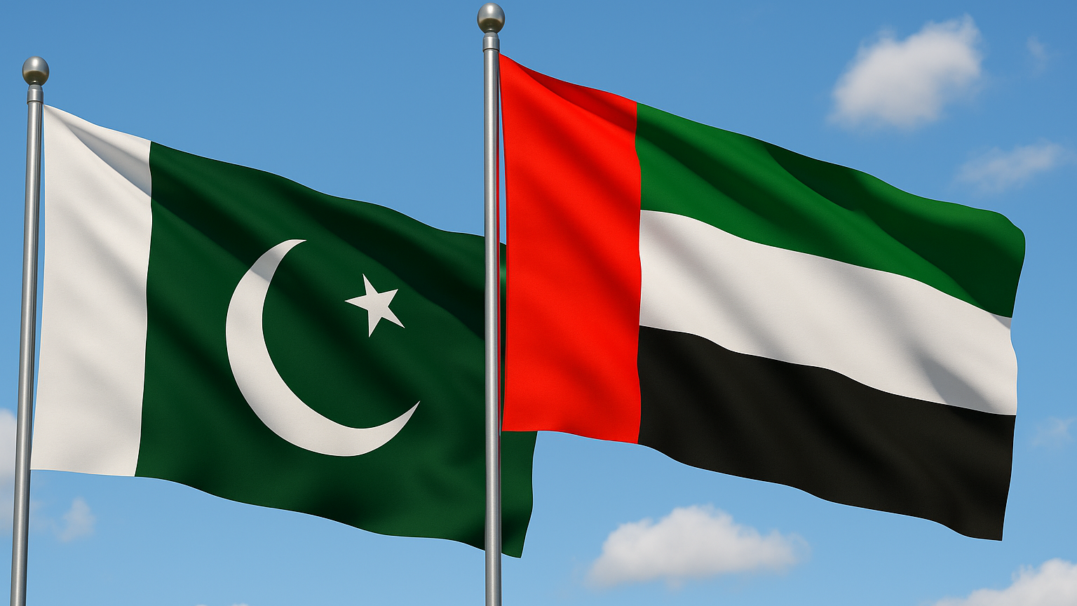 The national flags of Pakistan and the UAE waving side by side against a bright blue sky, symbolizing strong diplomatic ties and improved visa access between the two countries.