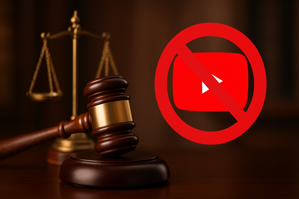 Judge’s gavel and justice scales beside a banned YouTube logo, symbolising Islamabad court halting ban on 5 channels.