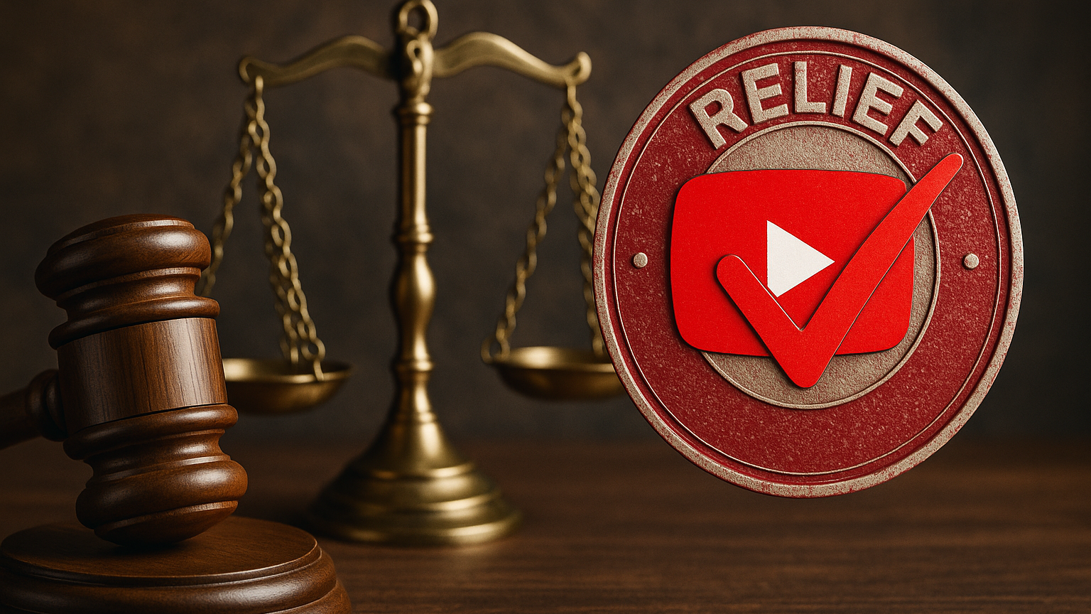 Wooden gavel and brass justice scales beside a YouTube logo with a relief checkmark, symbolising Islamabad court halting 5 channel bans.