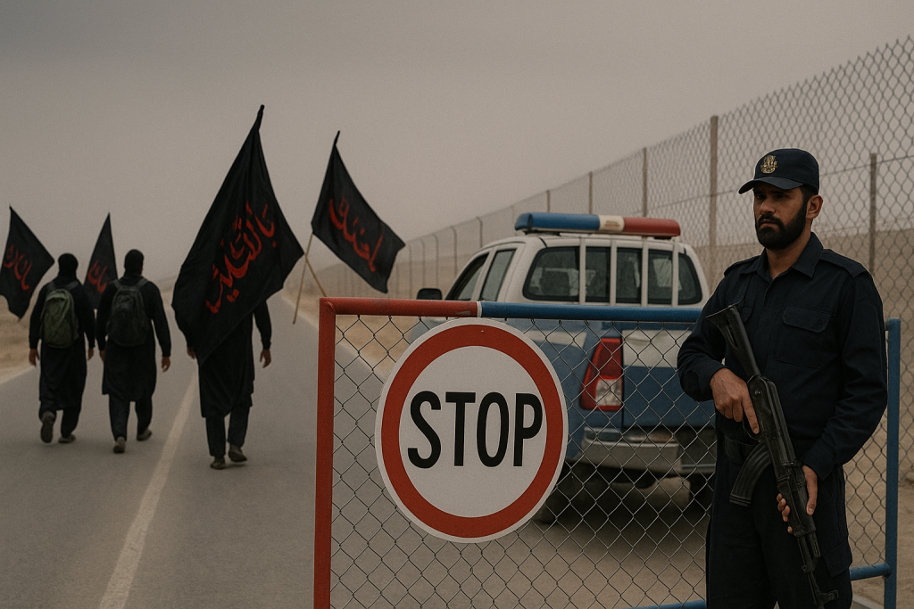 A security checkpoint blocks a road with a "STOP" sign, guarded by an armed officer beside a police vehicle, while Arbaeen pilgrims dressed in black walk away carrying black flags—depicting restricted road travel due to a government ban.