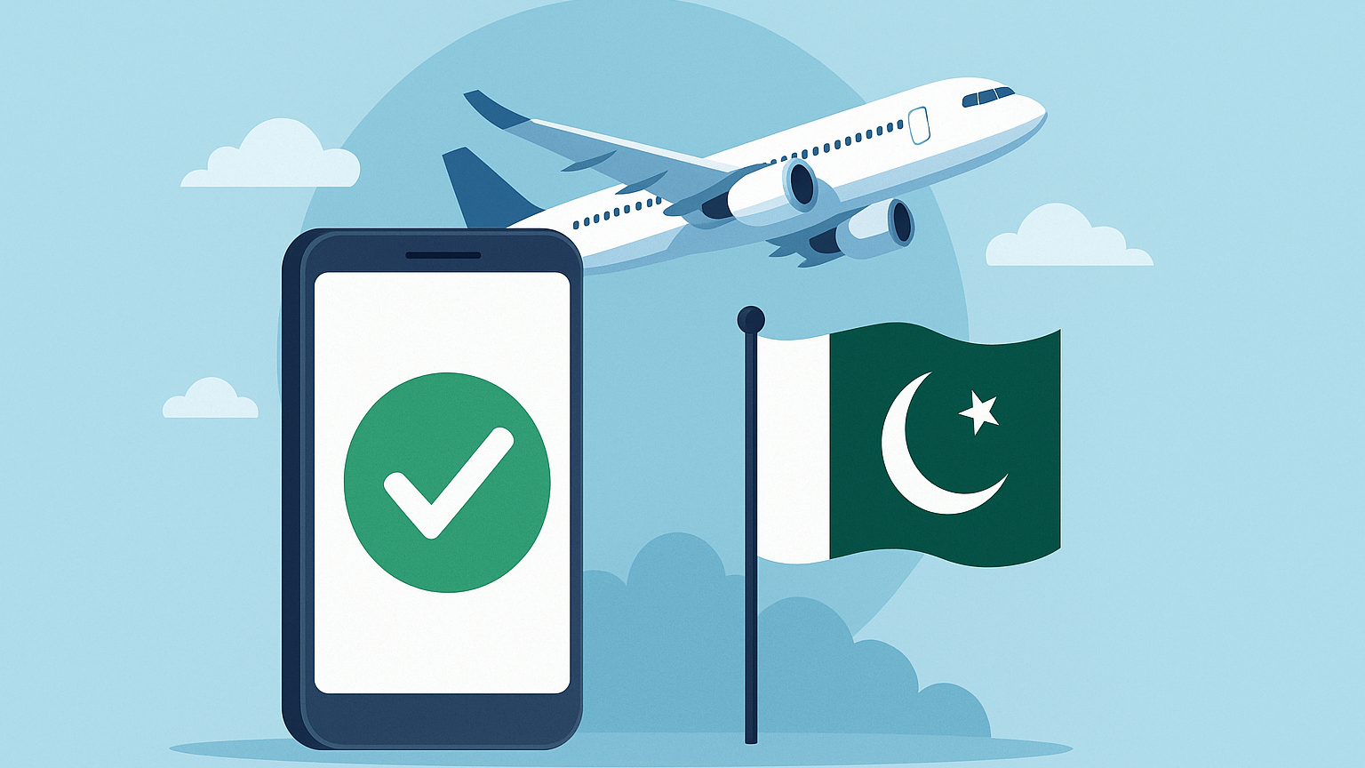 A digital illustration showing a smartphone with a green checkmark, an airplane in flight, and the Pakistani flag, symbolising PTA's tax-free mobile registration for overseas Pakistanis.