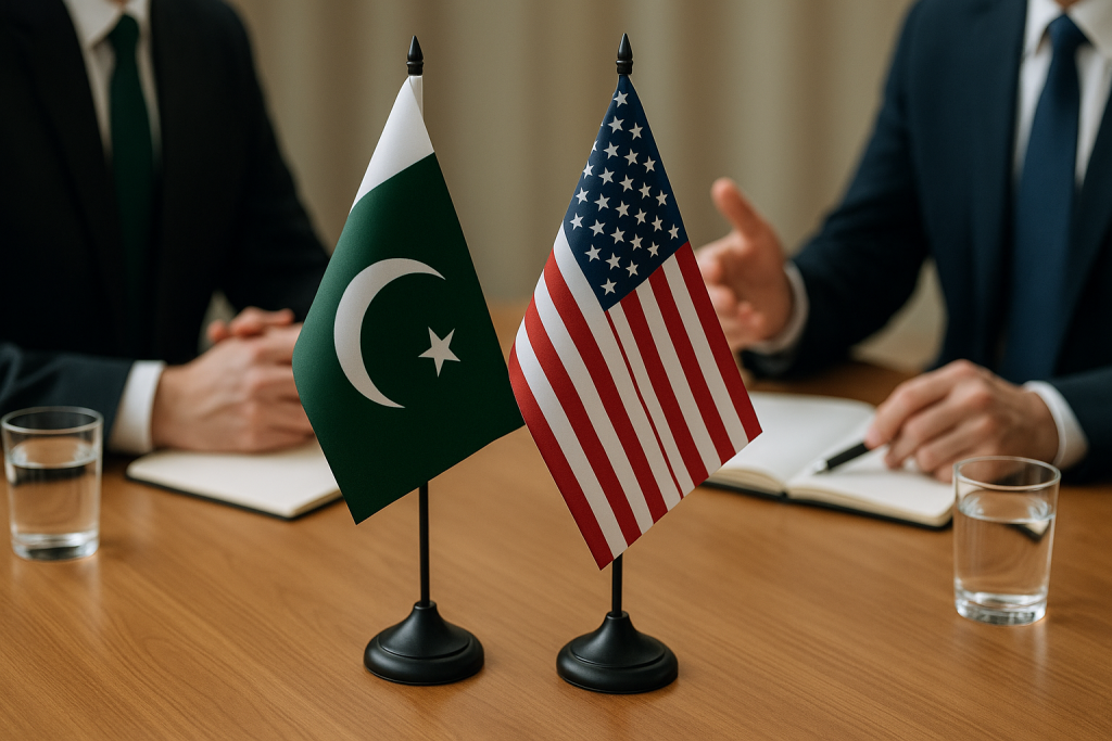 Two miniature flags of Pakistan and the United States stand side by side on a wooden table during a formal meeting, symbolizing ongoing trade negotiations nearing a deadline.