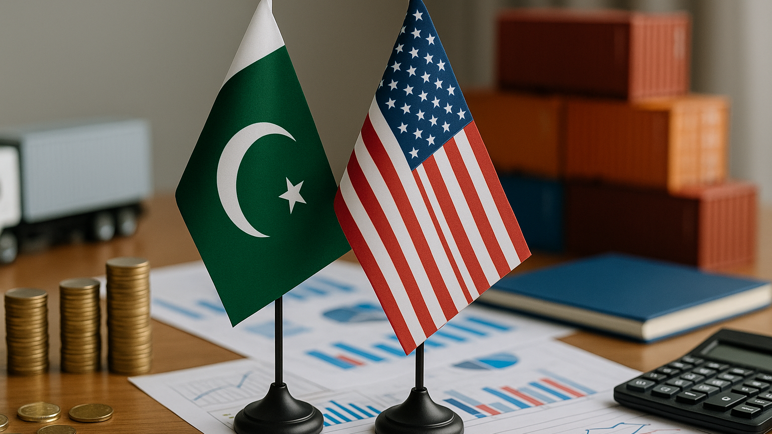 Two miniature flags of Pakistan and the United States stand side by side on a desk, surrounded by trade-related elements such as stacked coins, financial charts, a calculator, a cargo truck, and shipping containers, symbolizing the urgency of ongoing trade negotiations nearing a deadline.