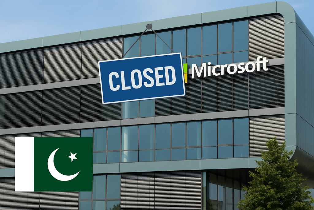 Microsoft Closes Office in Pakistan Amid Global Restructuring. A view of Microsoft’s glass-fronted regional office building, surrounded by trees and modern architecture.