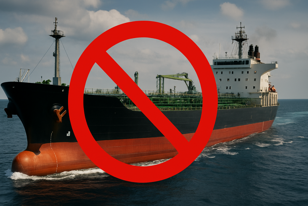 Large oil tanker at sea with a red ban symbol overlay, representing sanctions on Pakistani and Indian firms over Iran oil trade.