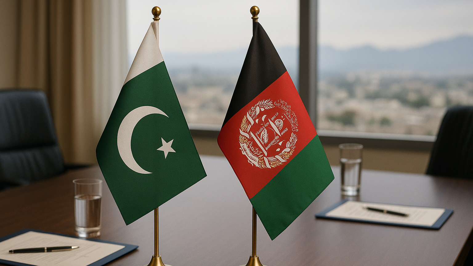 Pakistan Warns UN of Terror Threat from Afghanistan – flags of Pakistan and Afghanistan placed on a conference table with official documents and water glasses, set against a backdrop of a distant city and mountains, symbolizing diplomatic tension.