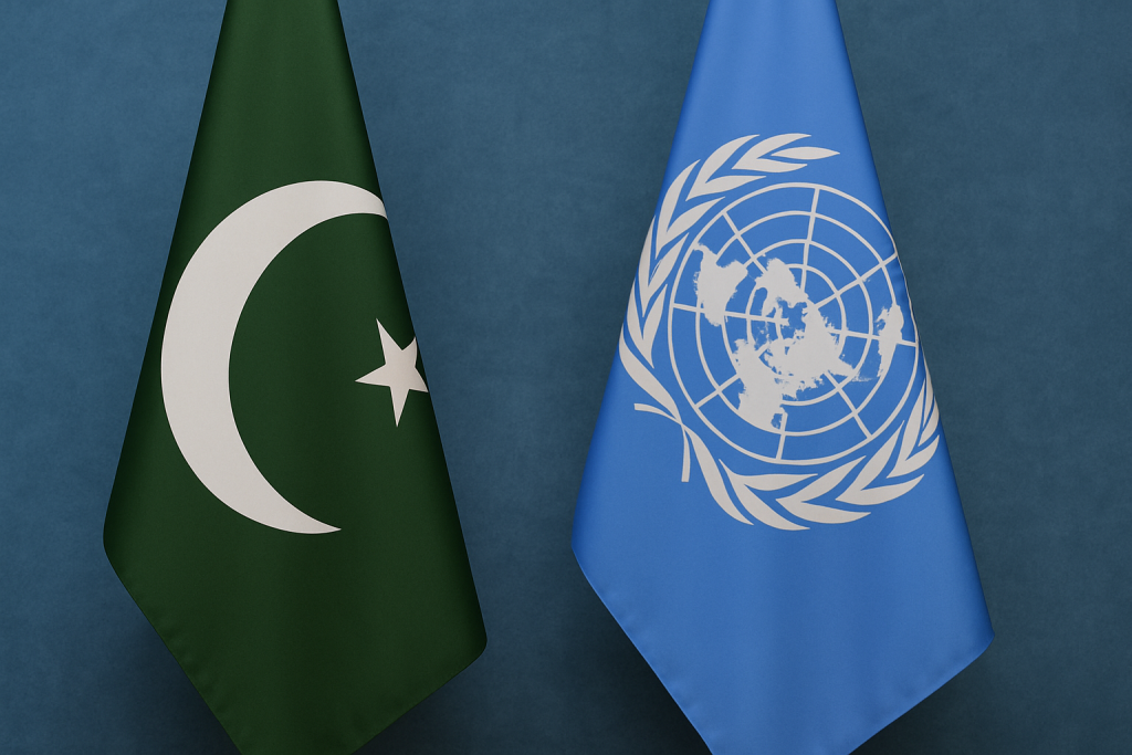 Pakistan’s green flag with a white crescent and star, and the blue United Nations flag with a world map emblem — symbolising Pakistan’s warning to the UN of terror threats from Afghanistan.