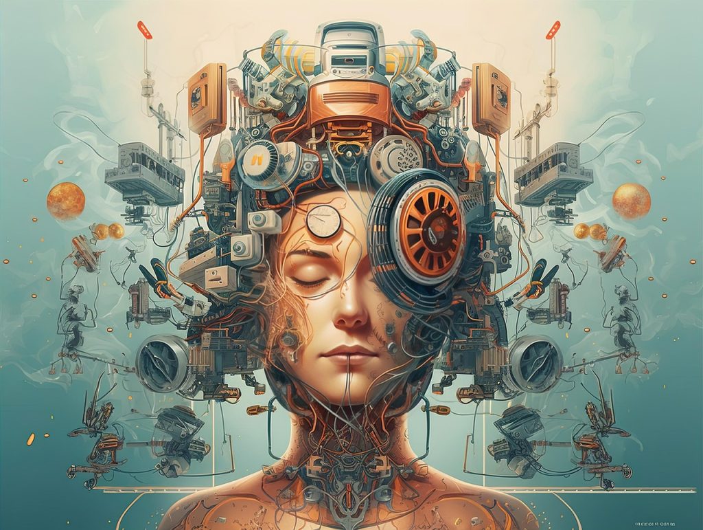 A surreal digital artwork of a human face with eyes closed, surrounded by complex machinery and wires, symbolising the integration of artificial intelligence and technology with the human mind.