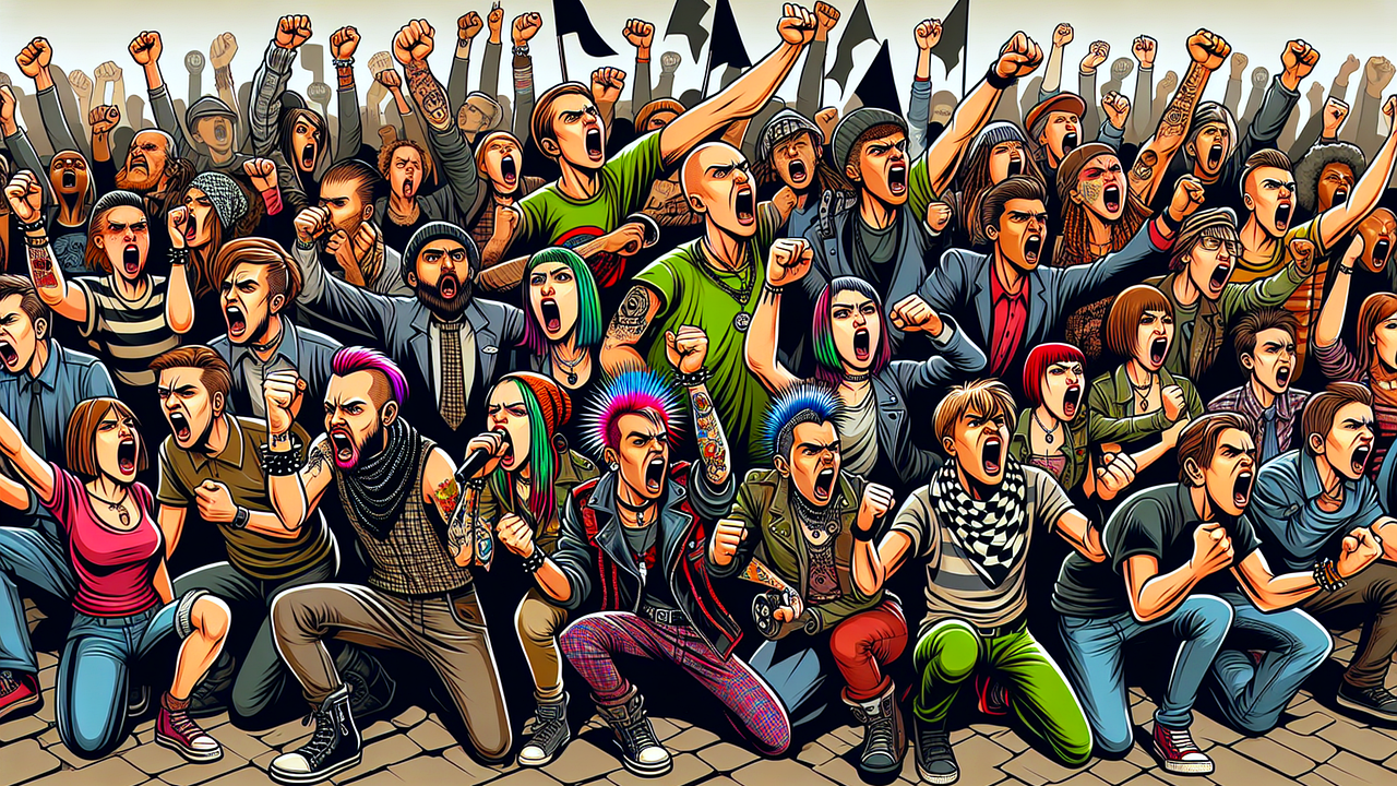 Illustration of a large, energetic crowd protesting with raised fists, symbolising the nationwide protest movement initiated by Imran Khan.