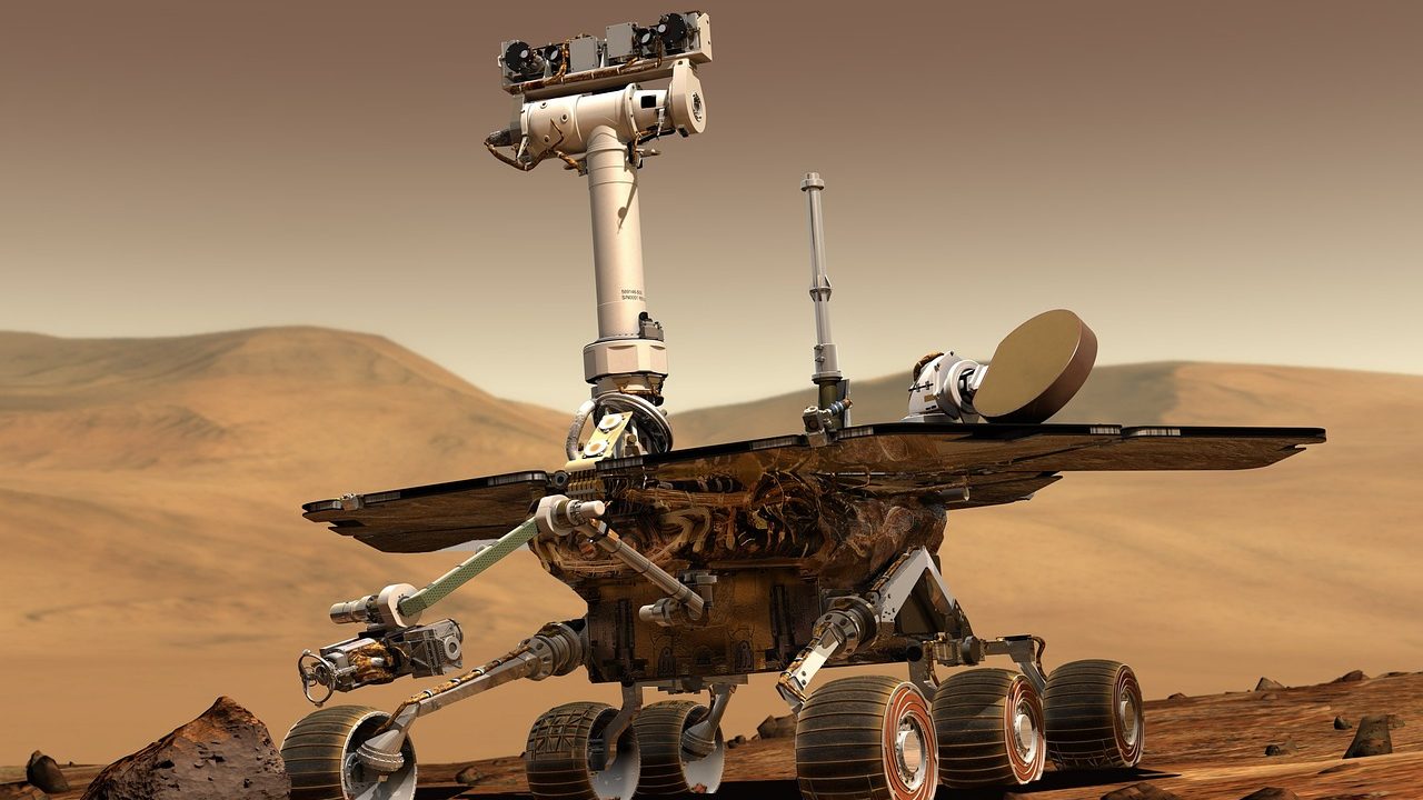 A Mars rover exploring the barren, rocky Martian surface with its robotic arm extended toward a rock, symbolizing the search for clues about the absence of life on Mars.