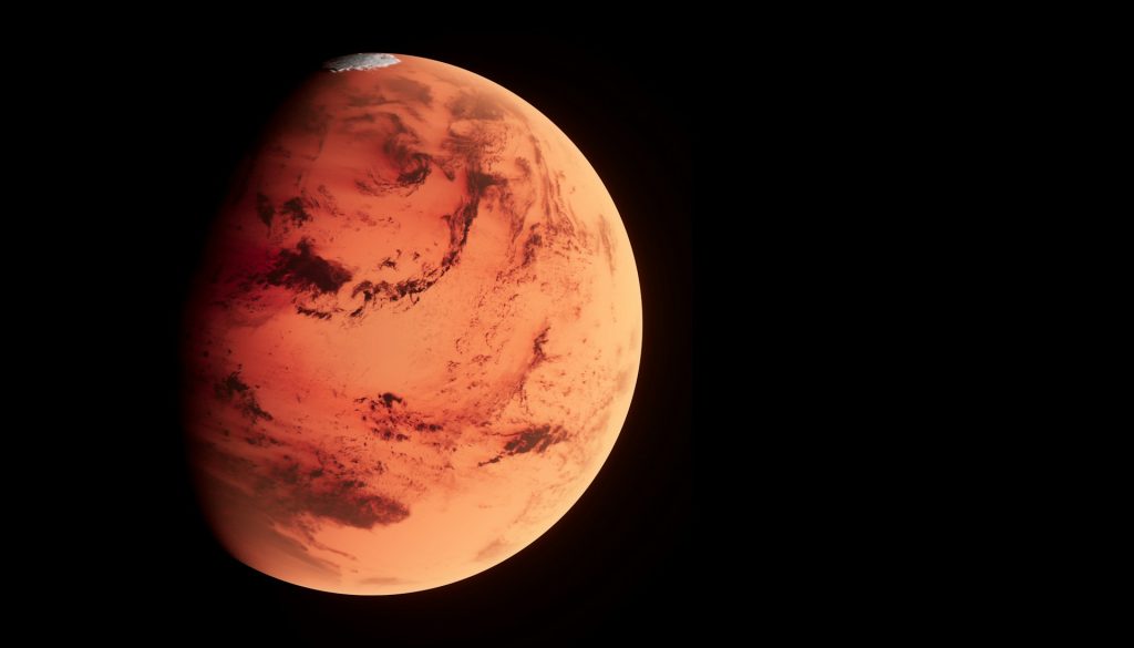 A detailed image of planet Mars showing its reddish, cratered surface and dark streaks, highlighting the harsh, lifeless environment explored by rovers for clues.