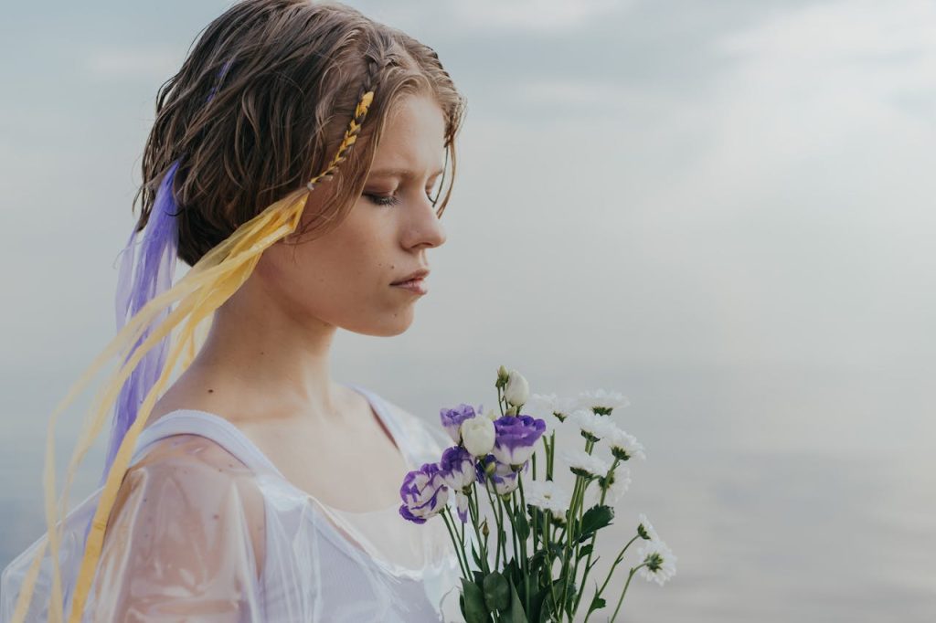 An AI girl holding flowers in her hand